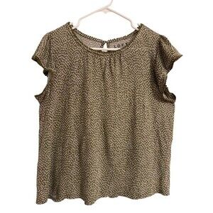LOFT Linen Women's MEDIUM Green White Print Short Ruffle Cap Sleeve Shirt